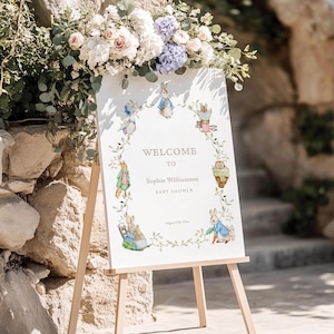 Peter Rabbit Babyparty Willkommensschild, Beatrix Potter Duschschild, rustikale Babyparty, Geschlechtsneutrale Babyparty Willkommen, neues Kapitel R05