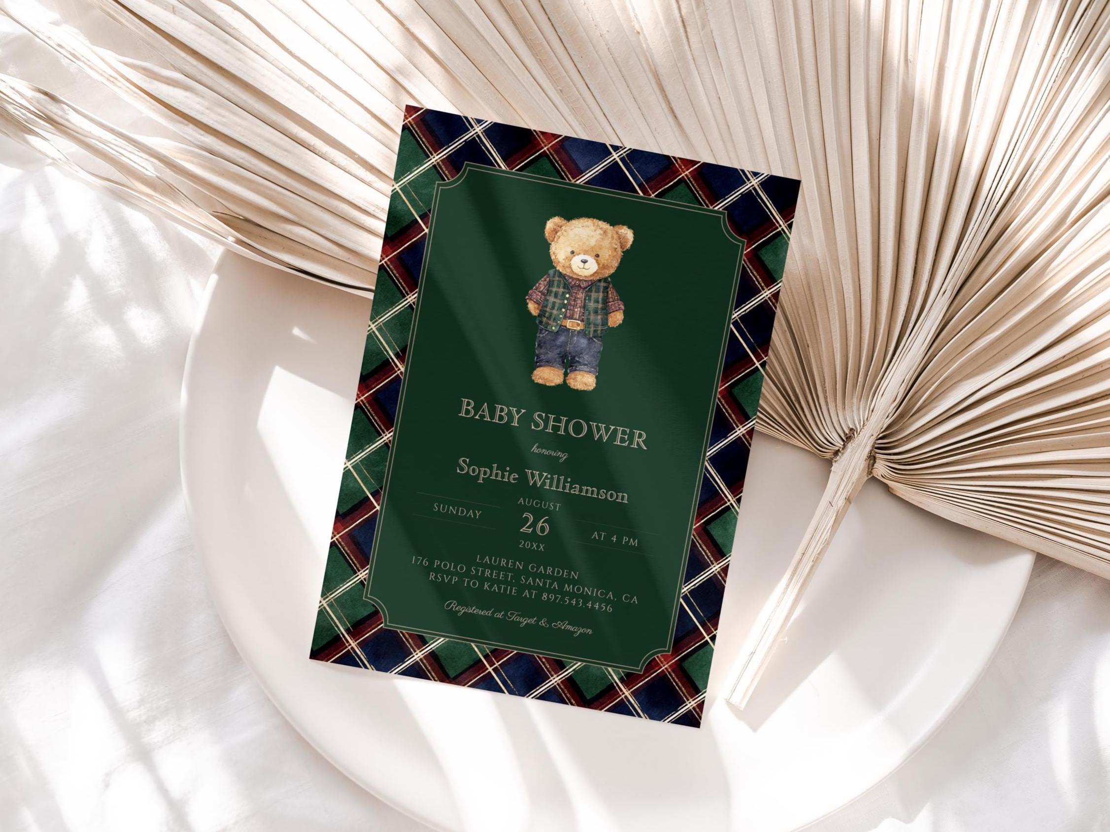 Vintage Polo Teddy Bear Baby Shower Invitation Bundle, Green Tartan ...