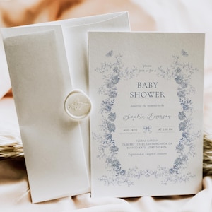Invitación para baby shower en Toile de Jouy, invitación azul polvoriento, elegante invitación floral azul chinoiserie, francesa, fiesta en el jardín C01