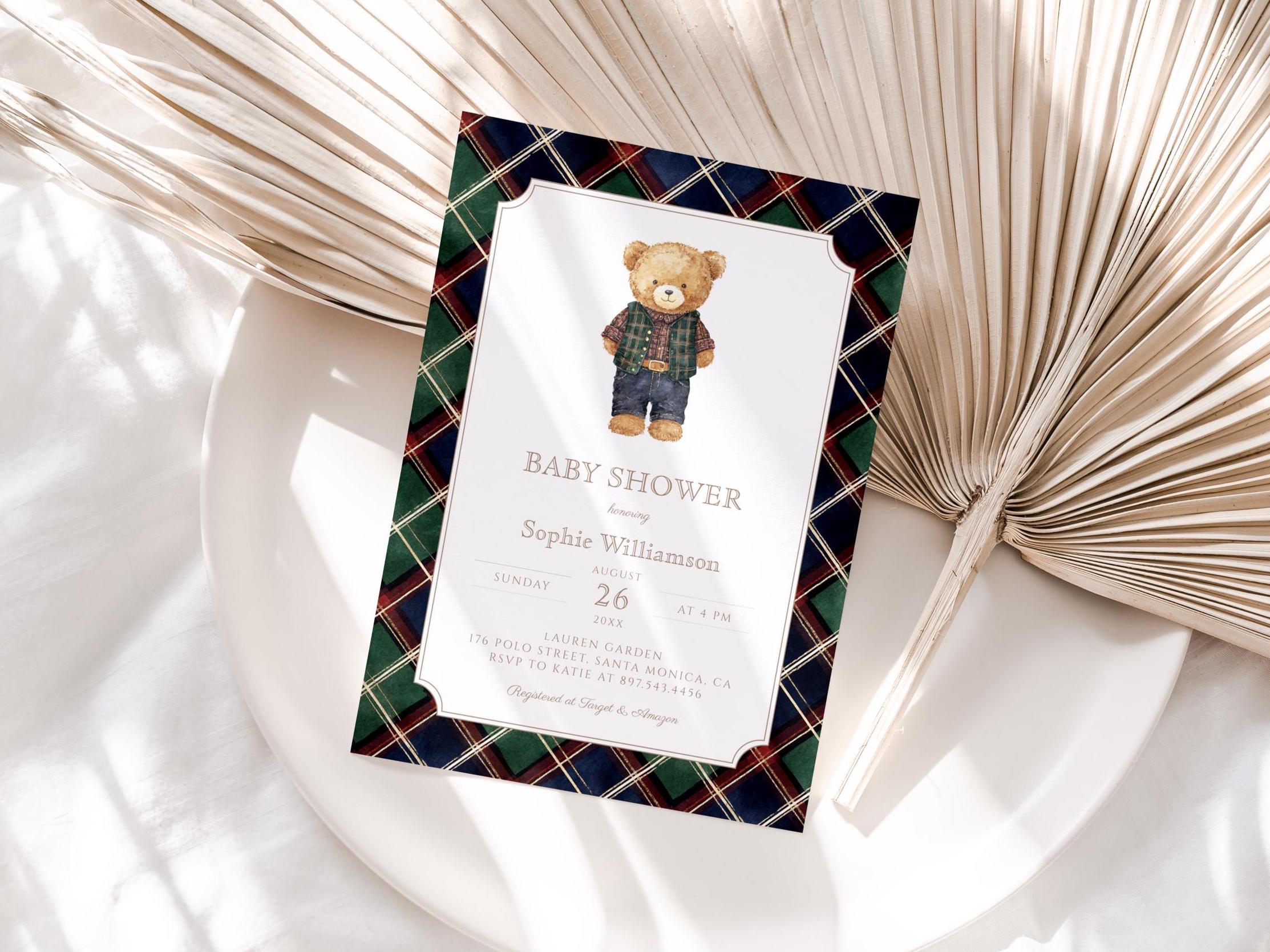 Vintage Polo Teddy Bear Baby Shower Invitation, Green Tartan Plaid ...
