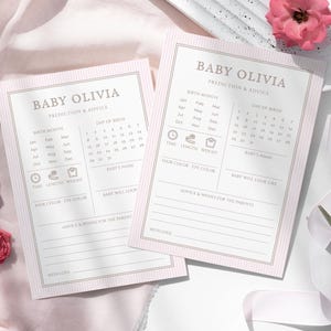 Minimalistische kaartsjabloon babyshower voorspellingen en advies, klassiek roze babyvoorspelling, babyshowerspel meisje, advies en wensen A07