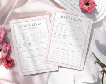 Minimalist Baby Shower Predictions And Advice Card Template, Classic Pink Baby Predictions, Girl Baby Shower Game, Advice & Wishes A07