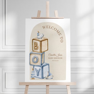 Letrero de bienvenida para baby shower con bloques y juguetes bohemios de madera, juguetes bohemios y bloques de letras, B01