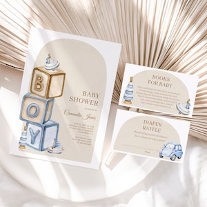 Paquete de invitaciones para baby shower de It's A Boy, juguetes de madera estilo bohemio y bloques de letras, invitación para baby shower, invitación Oh Boy Arch, B01