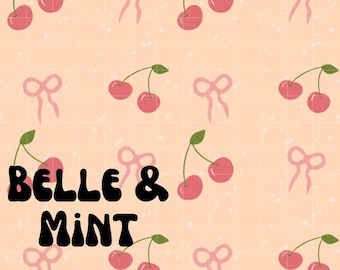 Cherry and Bows Coquette Seamless File Digital Download for Fabric, Sublimation, Watercolor Pink Red and Green Hand Drawn Repeat Pattern