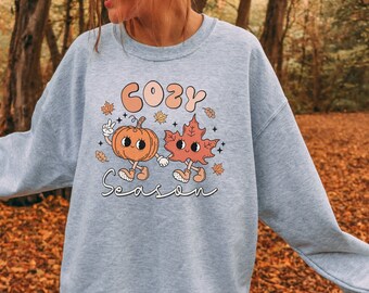 Halloween-tröja med rund hals, vintage retro söt höst- och hösttröja för kvinnor, mysig höstlöv- och pumpatröja