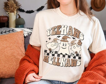 Comfort Colors Halloween Shirts for Women, Funny Pumpkin Skeleton Graphic Tees, Cute Halloween Shirts Yeehaws and Hellnaws Cute Western Ghos