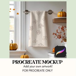 May include: A cream-colored waffle-weave towel with a floral pattern hangs on a silver towel rack. The scene includes pumpkins, fall foliage, and the text "PROCREATE MOCKUP" with additional text below.