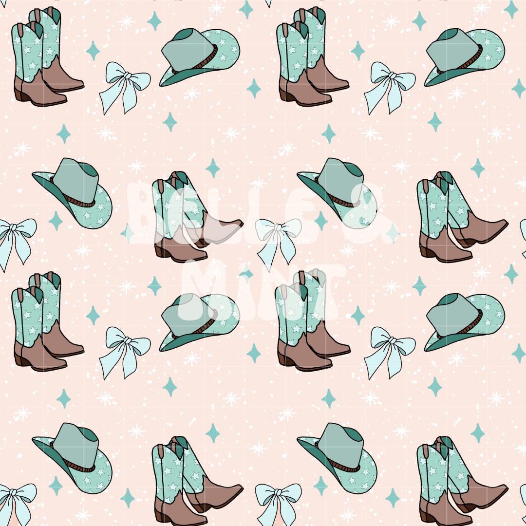 Teal Blue Coquette Cowgirl Seamless File Digital Download for Fabric, Sublimation, Turquoise Girly Bows Cowgirl Hat and Boots Repeat Pattern