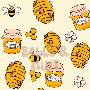 Gele honingpot bijenbloem bijenkorf naadloze digitale download voor stof, sublimatie, pastelroze lente zomer herhalingspatroon
