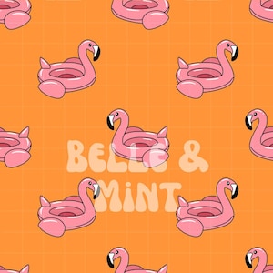 SWIM SAFE Flamingo Pool Floatie Seamless File Digital Download for Fabric, Sublimation, Bright Neon Orange Pink Summer Repeat Pattern