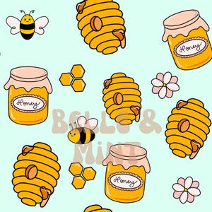 Lichtblauwe honingpot bijenbloem bijenkorf naadloze bestand digitale download voor stof, sublimatie, pastelroze aqua lente zomer herhalingspatroon