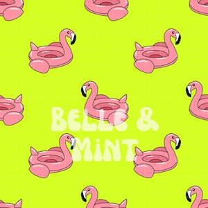 SWIM SAFE Flamingo Pool Floatie Seamless File Digital Download for Fabric, Sublimation, Bright Neon Green Yellow Pink Summer Repeat Pattern