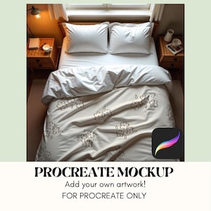 以下が含まれることがあります： 白い寝具と枕、花柄の布団カバー、2つの木製ナイトスタンドを備えたベッド。画像には「PROCREATE MOCKUP」と「Add your own artwork! FOR PROCREATE ONLY」というテキストが含まれています。Procreateアプリのアイコンが表示されています。