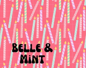Pink Birthday Candle Seamless File Digital Download for Fabric, Sublimation, Bright Colorful Girl Party Repeat Pattern