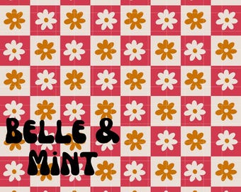 Retro Checkered Flower Seamless File Digital Download for Fabric, Sublimation, Orange Pink and Cream Daisy Repeat Pattern