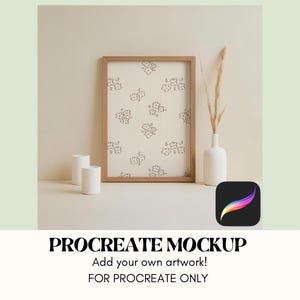 May include: A mockup for Procreate featuring a wooden frame with a floral pattern inside. The frame is on a light brown surface with two white candles and a vase with dried grass.