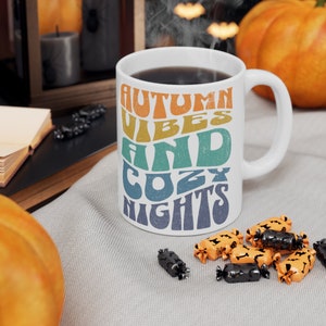 Autumn Vibes and Cozy Nights 11 oz White Coffee Mug with Handle, Fall Halloween Campfire Tea Cup for Hot Drinks, First Day of Fall Gift