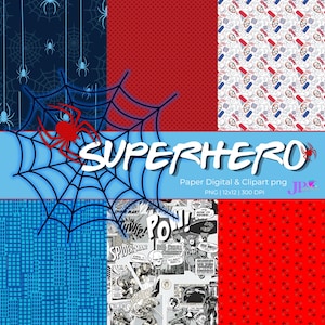 Puede incluir: Un paquete de papel digital con temática de superhéroes. El diseño incluye paneles de cómics, telarañas y patrones con ilustraciones de arañas y máscaras de superhéroes. La palabra "SUPERHERO" se muestra en letras blancas grandes. El paquete es PNG, 30.5x30.5 cm y 300 DPI.