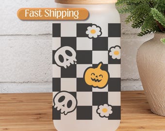 Halloween Iced Coffee Cup, Pumpkin Cup, Halloween Glass Cup, Halloween Gifts, Halloween Glass Tumbler, Skull Glass Cup, Cute Halloween Cup
