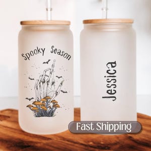 Personalized Halloween Iced Coffee Glass, Spooky Glass Cup, Spooky Season Glass Tumbler, Skeleton Coffee Cup, Mushroom Glass Tumbler