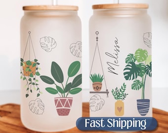 Personalized House Plant Iced Coffee Cup, House Plants Glass Cup, Glass Tumbler Gift For Plant Lover, Plant Mom Iced Coffee Glass, Plant Cup