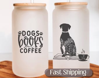 Dogs Books Coffee Glass Tumbler, Personalized Dog Lover Iced Coffee Cup, Iced Coffee Glass Gift For Book Lover, Dog Lover Gift Glass Can