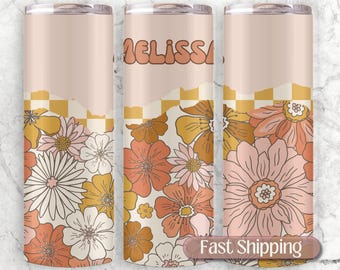 Personalized Retro Floral Tumbler , Fall Floral Travel Cup With Name, Autumn Gift For Her, Pink Retro Cup With Straw, Gift For Fall Lover