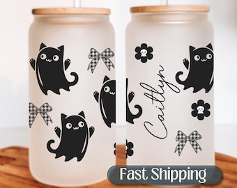 Halloween Ghost Cats Glass Cup, Black Cat Coffee Cup, Halloween Cat Iced Coffee Cup, Halloween Gift Iced Coffee Glass, Cat Cup Glass Tumbler
