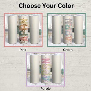 May include: Three stainless steel tumblers with a personalized design. The tumblers are available in pink, green, and purple. Each tumbler features a name and the word "RN" in a colorful, stylized font.
