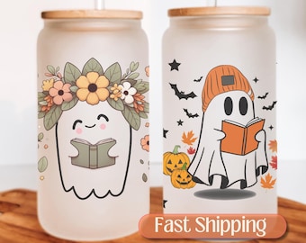 Bookish Ghost Glass Tumbler, Halloween Iced Coffee Cup, Halloween Gifts For Book Lovers, Ghost Iced Coffee Glass, Book Lover Halloween Cup