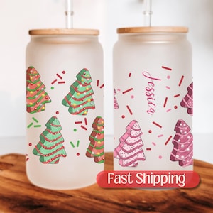 Personalized Christmas Cake Iced Coffee Cup, Christmas Snack Glass Cup, Christmas Tree Glass Tumbler, Holiday Gifts Iced Coffee Glass Cup