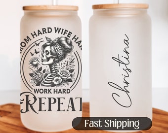 Mom Glass Cup, Personalized Mom Iced Coffee Cup, Custom Mom Glass Tumbler Mother's Day Gift for Mom, Mom Iced Coffee Glass Mom Birthday Gift