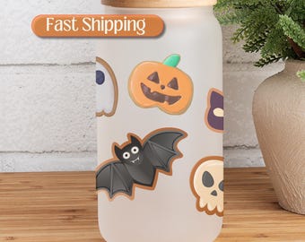 Halloween Sugar Cookie Glass Cup, Personalized Halloween Iced Coffee Cup, Fall Iced Coffee Glass, Spooky Cute Halloween Tumbler, Pumpkin Cup