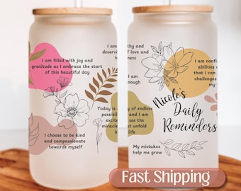Personalized Daily Reminders Iced Coffee Cup, Boho Positive Affirmation Glass Tumbler, Mental Health Awareness Gift, Best Friend Gift