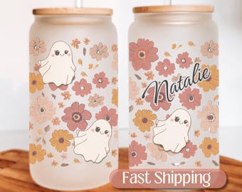Personalized Ghost Iced Coffee Cup, Halloween Glass Cup Daisy And Ghost Tumbler With Straw, Halloween Gift Glass Tumbler, Ghost Glass