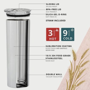 May include: A stainless steel tumbler with a white powder coating. It has a double wall and vacuum insulation to keep drinks hot for 3 hours and cold for 9 hours. The lid is sliding and splash proof, and it comes with a BPA-free lid and a straw.