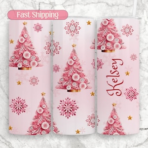 Pink Christmas Tree Tumbler, Personalized Pink Christmas Travel Mug, Winter Tumbler Christmas Gift For Her, Christmas Tumbler To Go Cup