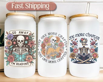 Just One More Chapter Book Lover Frosted Glass Tumbler, Reader Gift Iced Coffee Glass, Bookish Gifts Iced Coffee Cup, Book Club Gifts