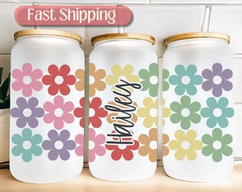 Daisy Glass Tumbler, Iced Coffee Glass, Retro Flower Iced Coffee Cup, Daisy Glass Cup, Iced Coffee Cup, Bridal Shower Gifts, Summer Tumblers