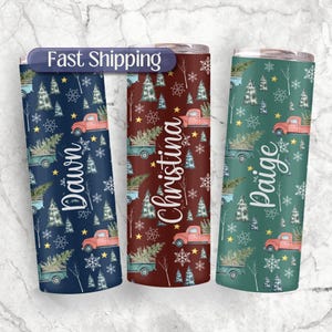 Personalized Christmas Tumbler Cup, Vintage Christmas Truck Tumbler Christmas Gift for Holiday, Christmas Tree Tumbler, Festive Tumbler