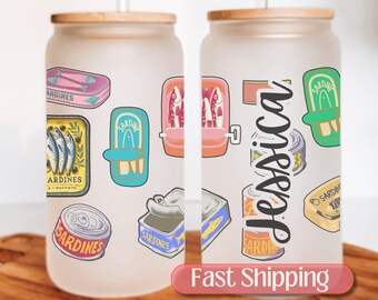 Personalized Sardine Frosted Glass Cup, Sardine Fish Iced Coffee Cup, Sardine Tin Glass Tumbler, Tinned Fish Iced Coffee Glass, Sardine Cup