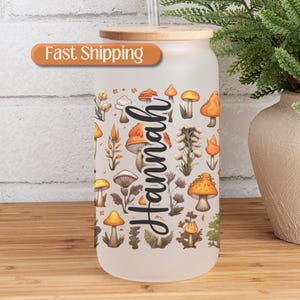Mushroom Glass Cup, Boho Glass Tumbler, Cute Mushroom Iced Coffee Cup, Iced Coffee Glass Cottagecore Mushroom Cup Personalized Gift