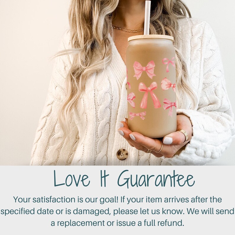 May include: A brown reusable tumbler with a bamboo lid and a straw. The tumbler is decorated with pink bows. The text "Love It Guarantee" is displayed below the image.