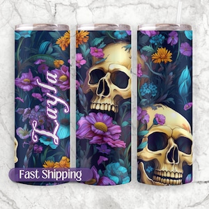 Personalized Halloween Skull Tumbler, Floral Skull Travel Cup With Name, Skull Gift For Her, Purple Skull Cup, Halloween Skull Tumbler