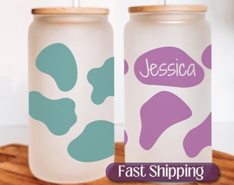 Cow Print Iced Coffee Cup, Personalized Cow Print Glass Cup, Cow Gift, Animal Print Glass Tumbler, Cow Beer Can, Cow Ice Coffee Glass