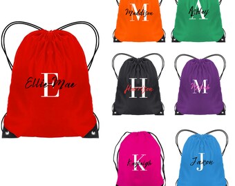 Personalised Initial and Name School Drawstring Rucksack Bag. Kids Name on a PE Bag Swimming Bag Gym Bag Afterschool Club Bag. Party bag