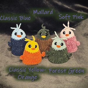 May include: Five small, plush, crocheted bird figures with rounded bodies, tufted head feathers, black plastic eyes, and orange or yellow beaks. The figures are colored in combinations of blue, yellow, orange, brown, green, and soft pink, with text labels.