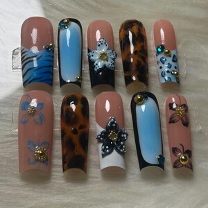 Press Ons - 3D Flowers - Luxury Nails - Luxury Press On Nails - Extra Long Press on Nails - Acrylic Press On Nails - Blue Nails - Aura Nails