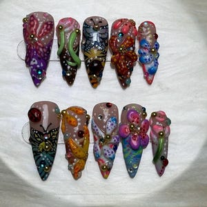 Flower Fantasy - Press Ons - 3d Flower Nails- Luxury Nails - Luxury Press On Nails - Trendy Nails - Garden Nails - Stiletto Nails